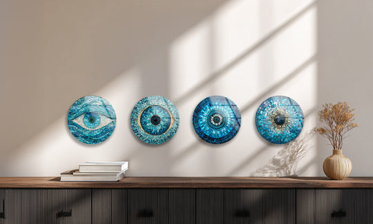 This round set features blue mosaic evil eye designs and is a glass wall art set offering glossy protection and modern home décor and stylish interiors