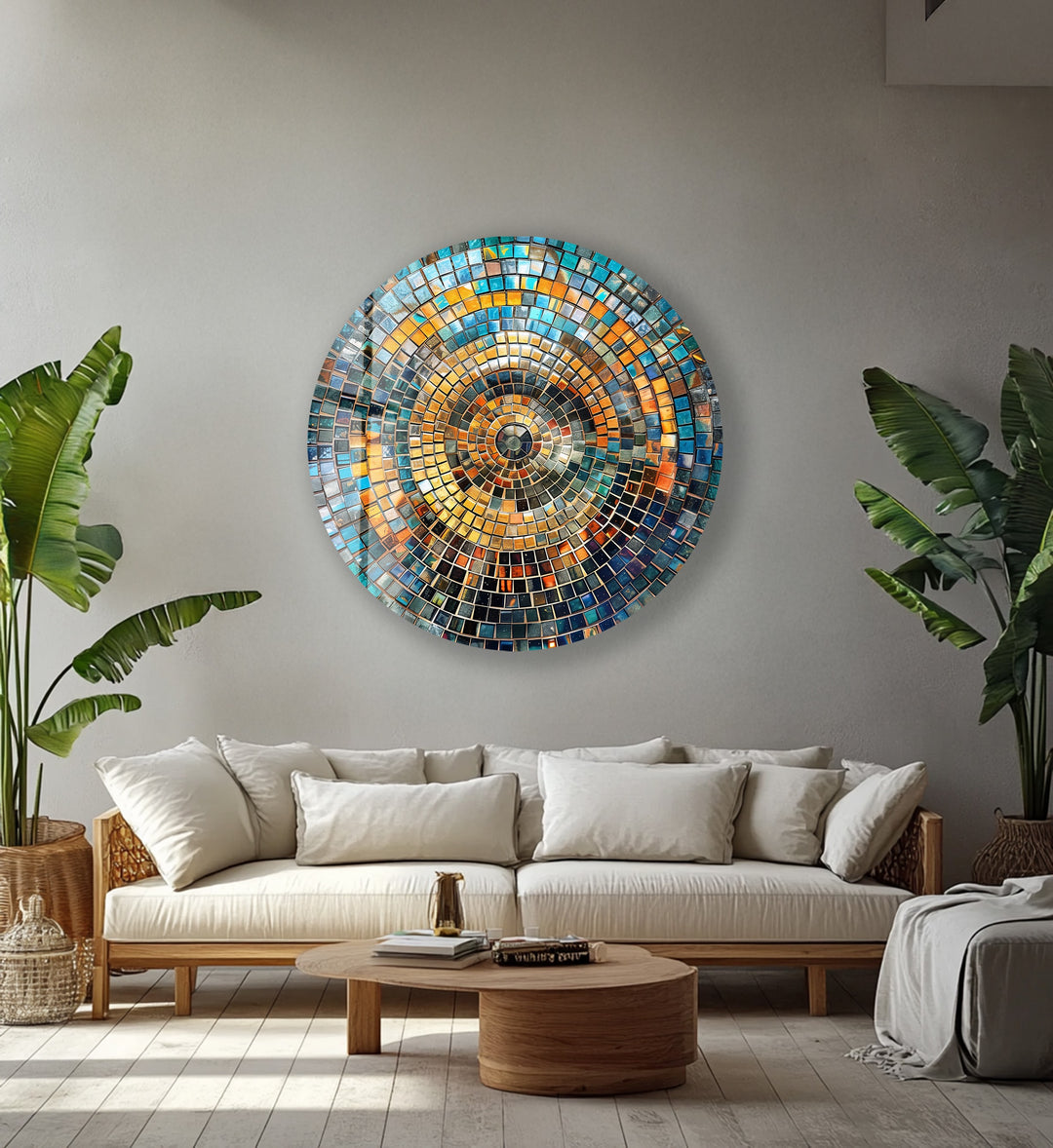 Aurora Mosaic – Radiant Blue and Gold Round Glass Wall Art