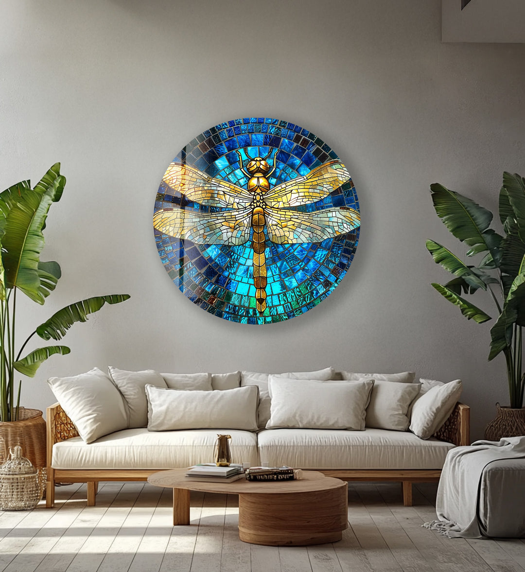 Golden Serenity – Dragonfly Mosaic Round Glass Wall Art
