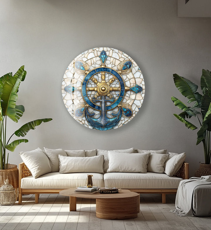 Golden Helm & Anchor Harmony – Round Glass Wall Art