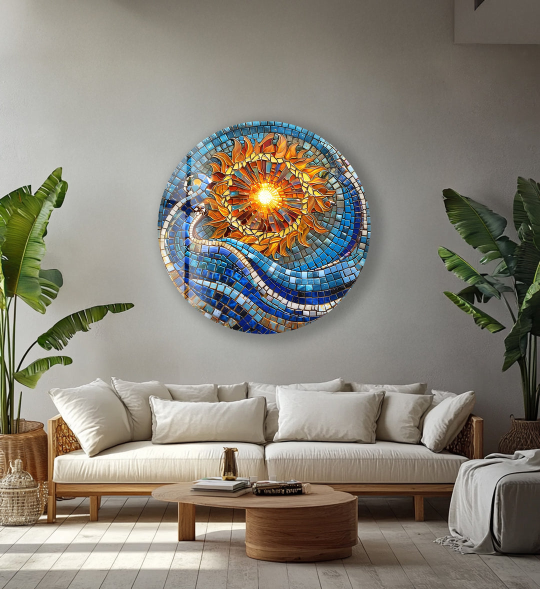 Solar Flow – Blue and Gold Mosaic Round Glass Wall Art
