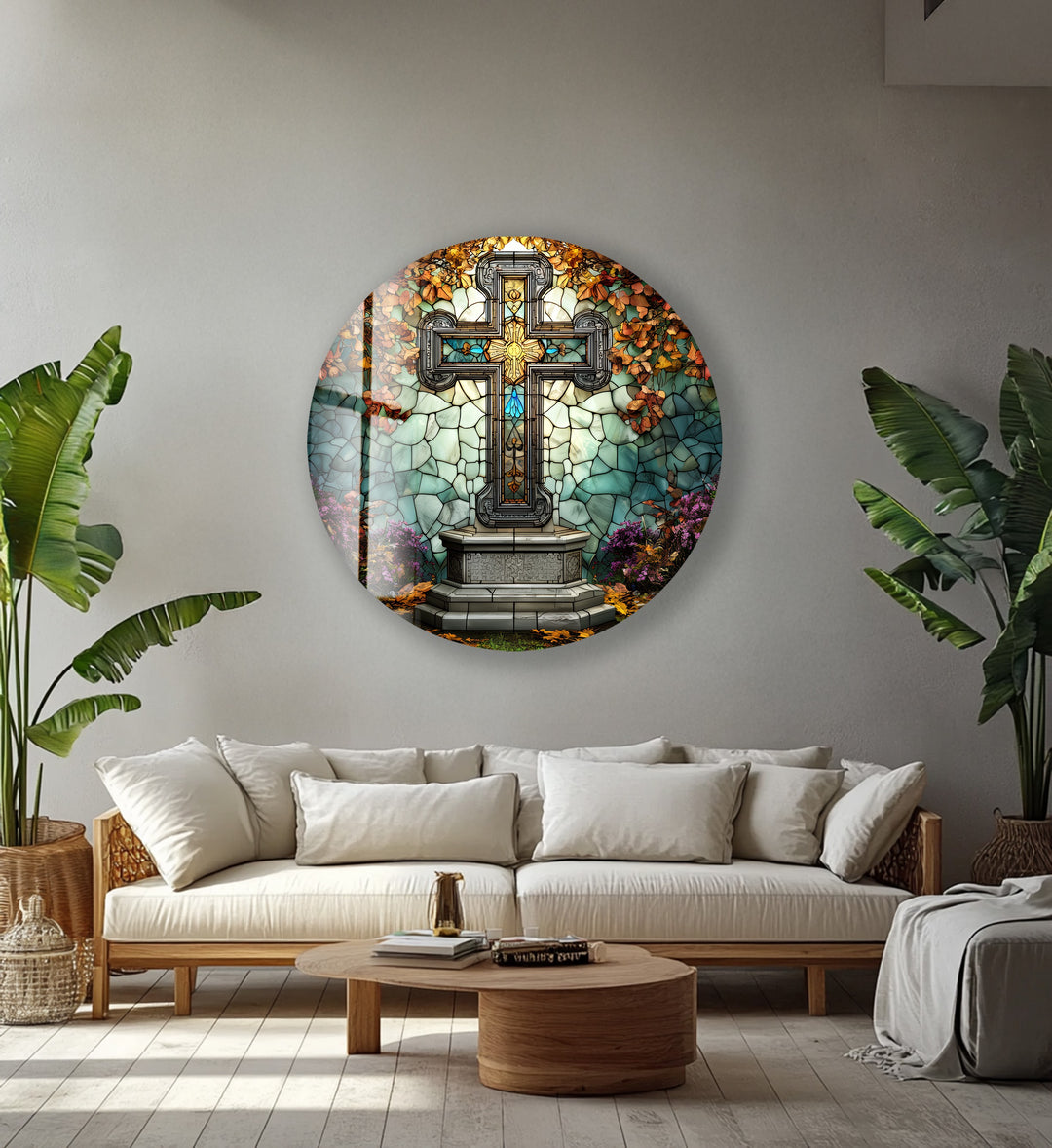 Stained Glass Cross Garden Scene – Round Glass Wall Art