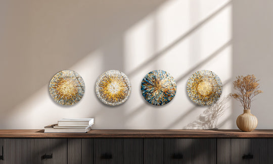 The sunburst mosaic glass wall art set features a golden radiance design and radiant shimmering tones and is part of the 4 piece wall art collection
