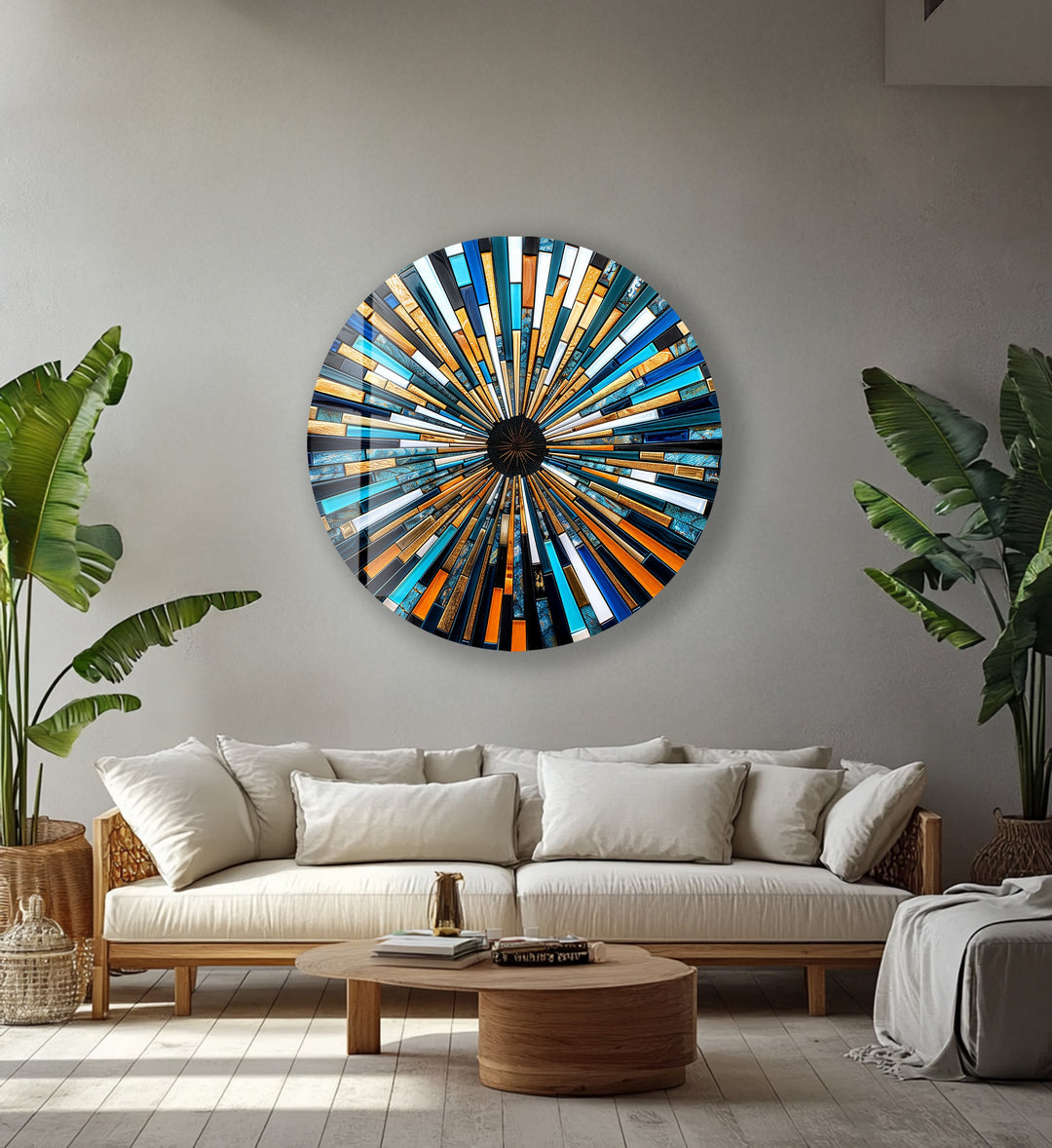 Solar Flare – Blue and Gold Geometric Mosaic Round Glass Wall Art