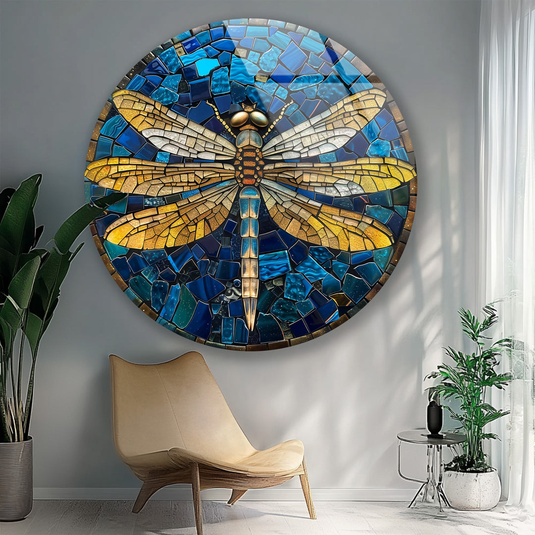 Luxury blue and gold mosaic wall art featuring dragonfly design