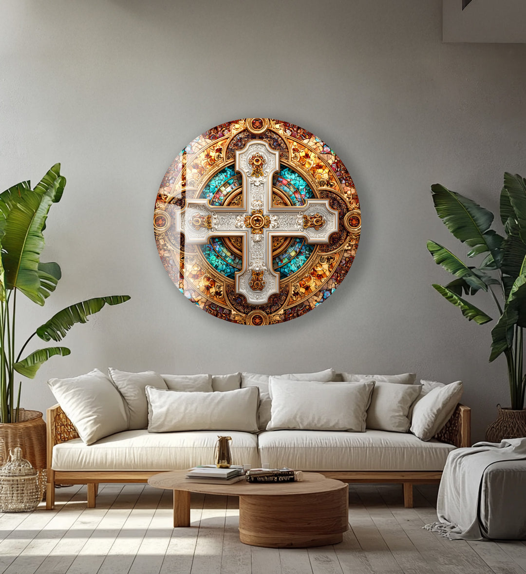 Imperial Cross Mosaic – Round Glass Wall Art