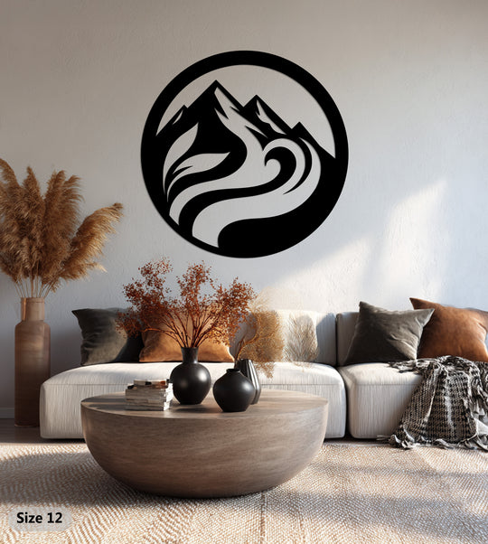 Visual rhythm flows through this mountain and river design in a circular frame, an example of striking metal art for wall that offers a minimalist aesthetic.