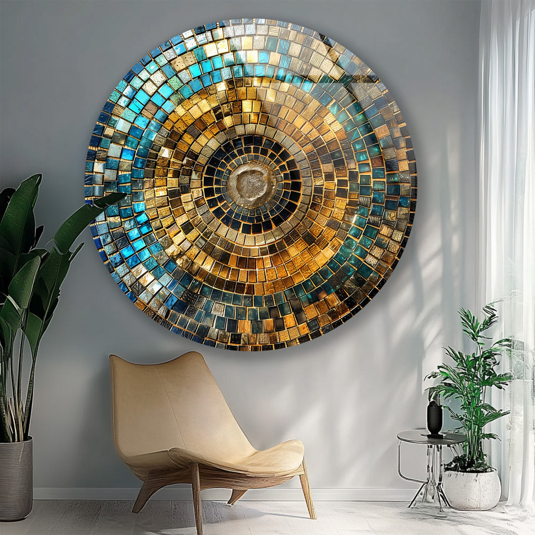 Golden Horizon – Mosaic Circle Round Glass Wall Art