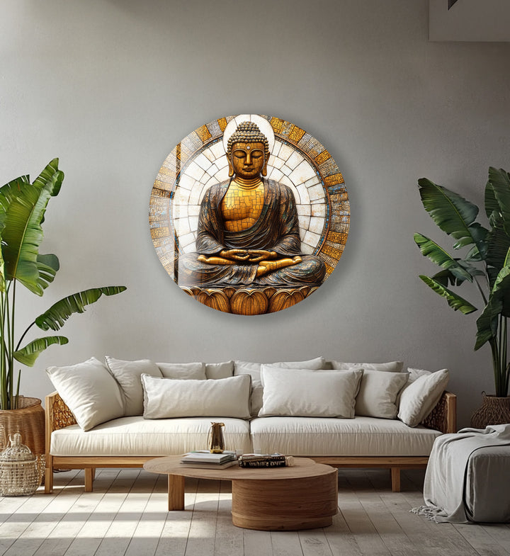 Golden Buddha Mosaic Serenity – Round Glass Wall Art