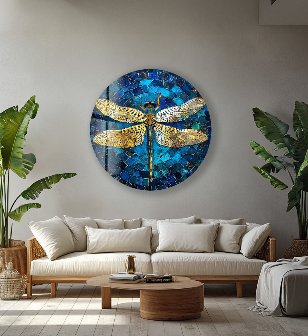 Golden Wings – Dragonfly Mosaic Round Glass Wall Art