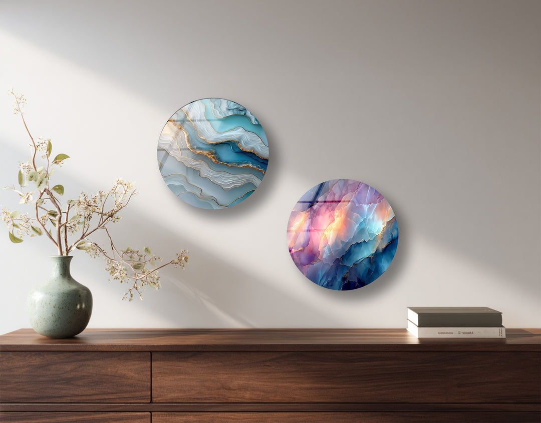 Crystal Flow Round Glass Wall Art Set – Abstract Agate-Inspired Design