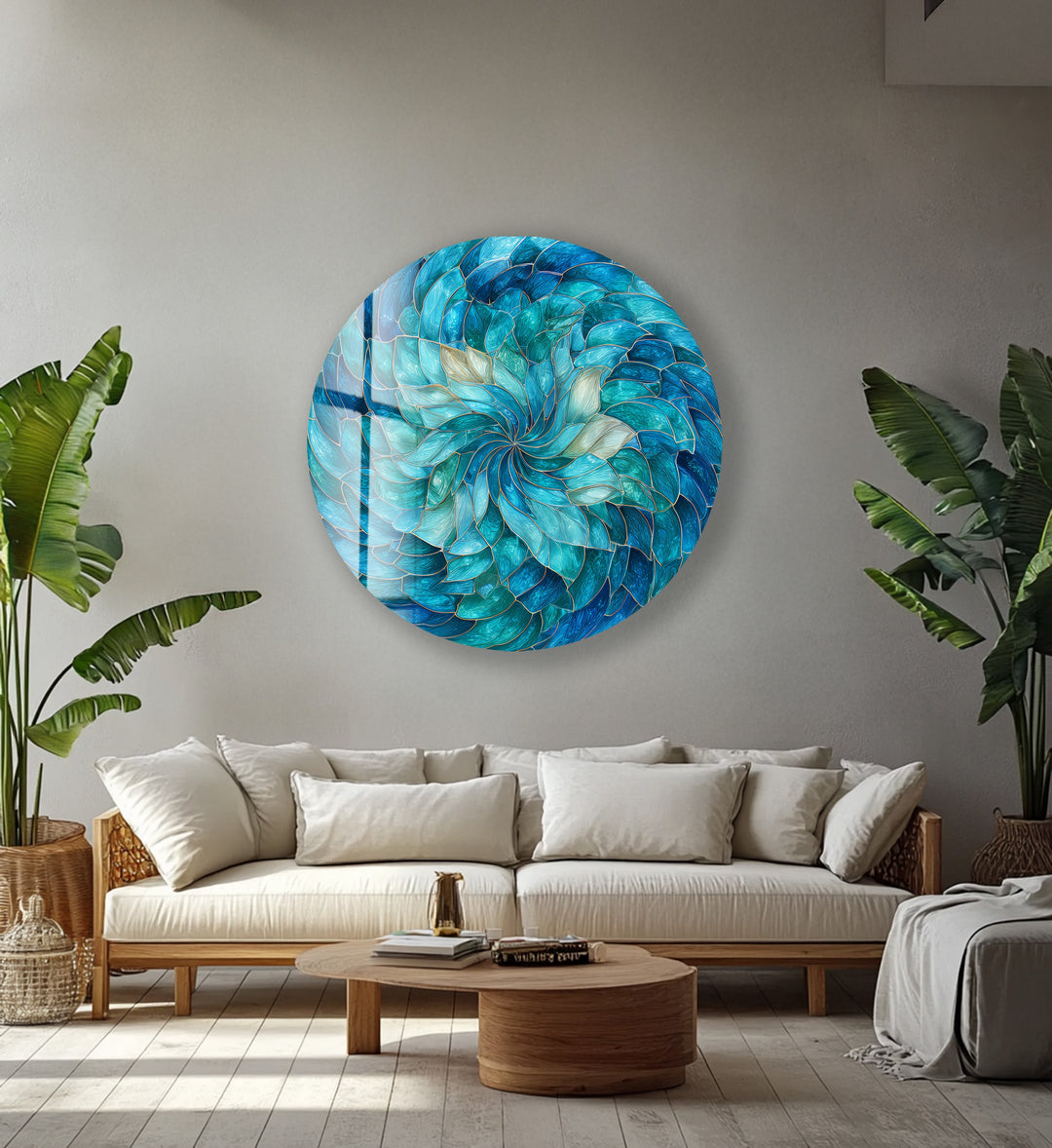 Ocean Bloom Spiral – Round Glass Wall Art