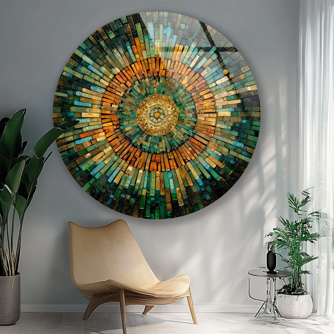 Golden Horizon – Emerald & Amber Mosaic Round Glass Wall Art