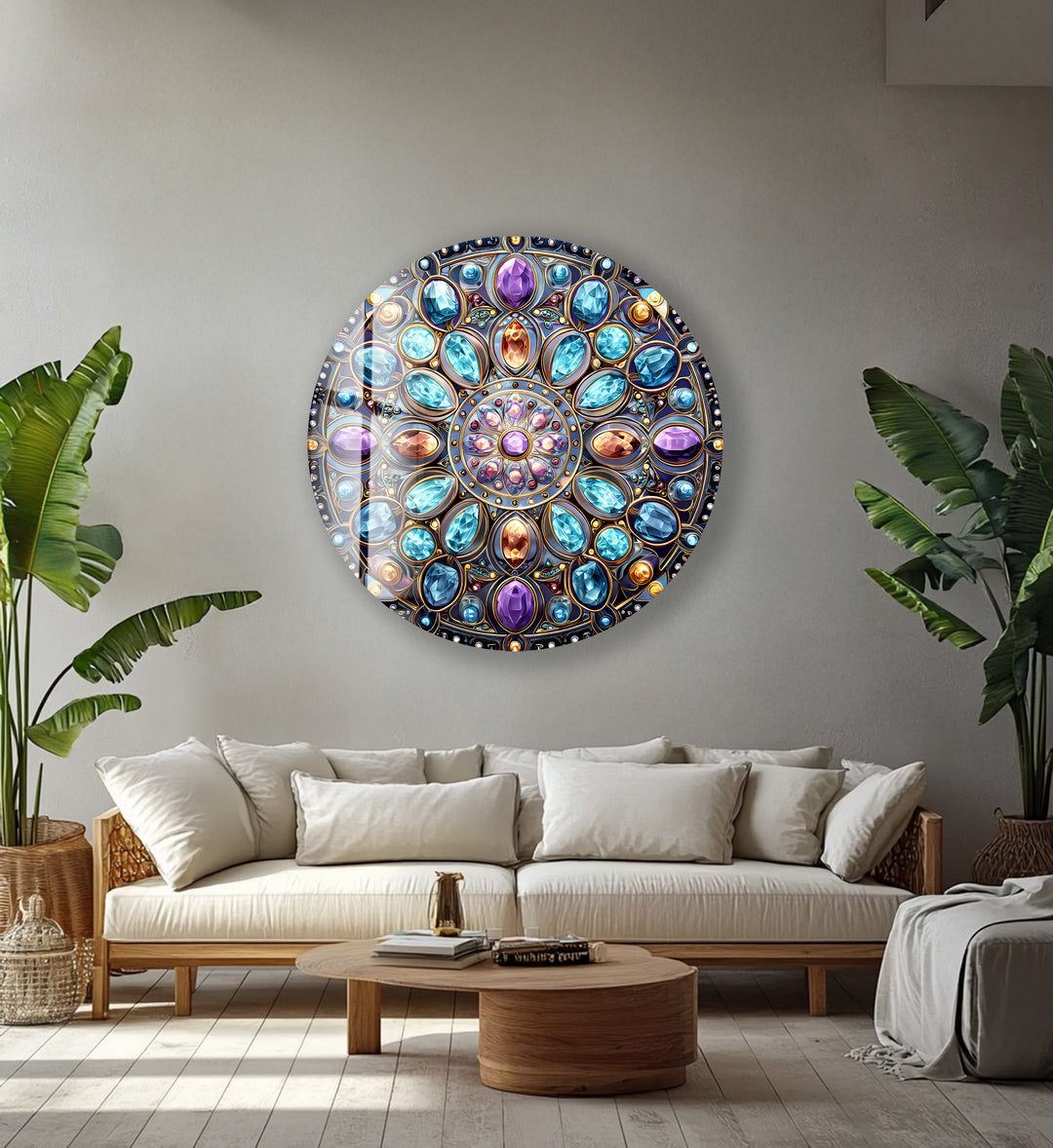 Celestial Jewel Mandala – Round Glass Wall Art
