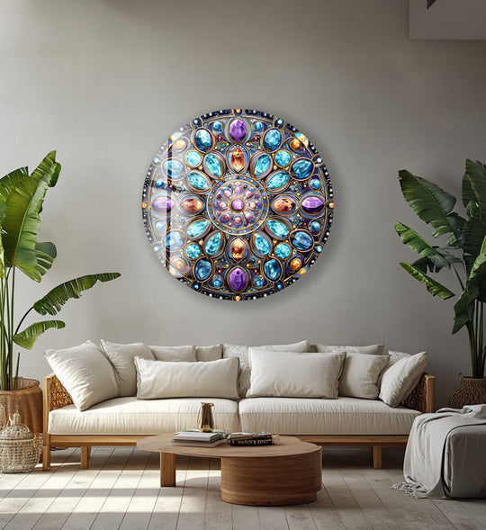 The background showcases a minimalist interior with neutral walls that accentuate the celestial jewel mandala tempered glass wall art.