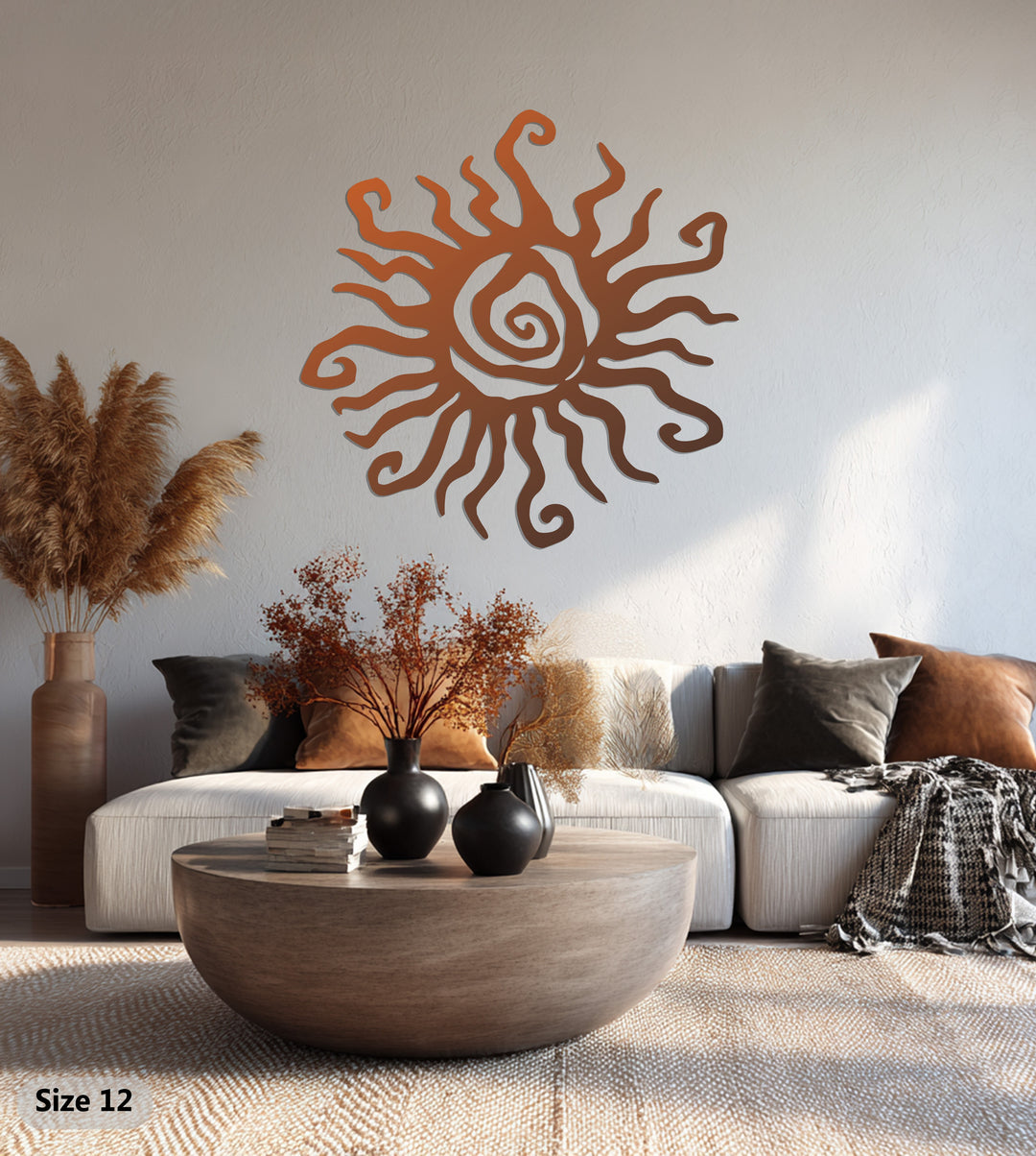 Abstract Sun Metal Wall Art – Bohemian Spiral Sunburst Decor