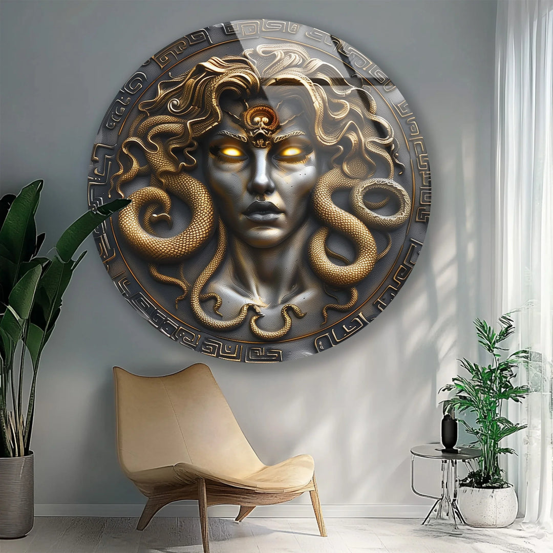Medusa Gaze – Mythological Round Glass Wall Art - MyPhotoStation