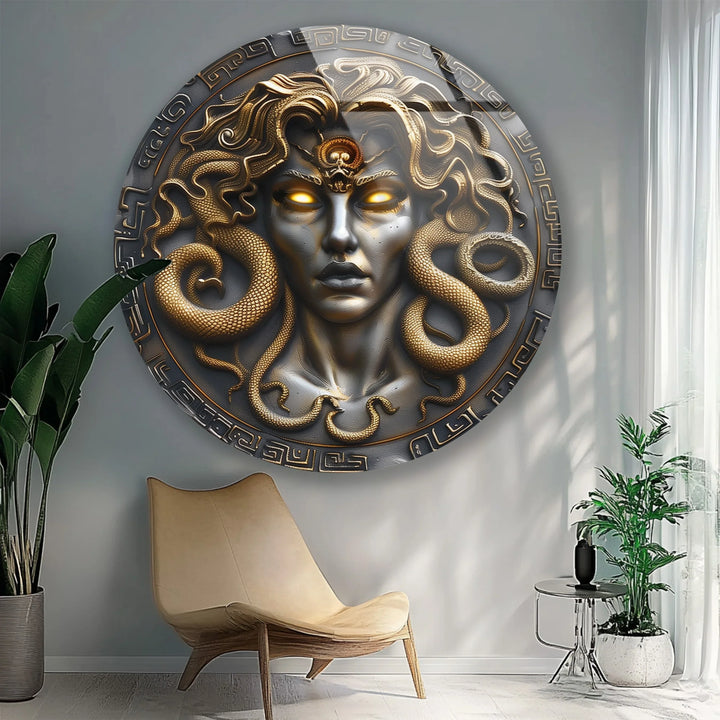 Medusa Gaze – Mythological Round Glass Wall Art - MyPhotoStation