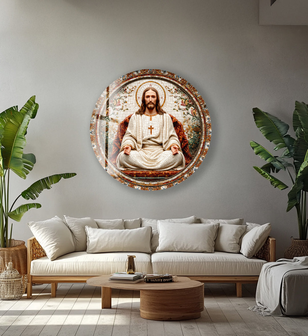 Christ the Redeemer in Ivory – Mosaic Round Glass Wall Art