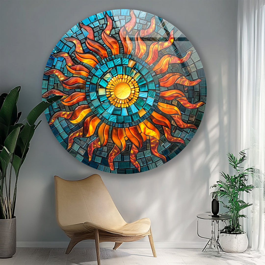 Solar Radiance – Sunburst Mosaic Round Glass Wall Art