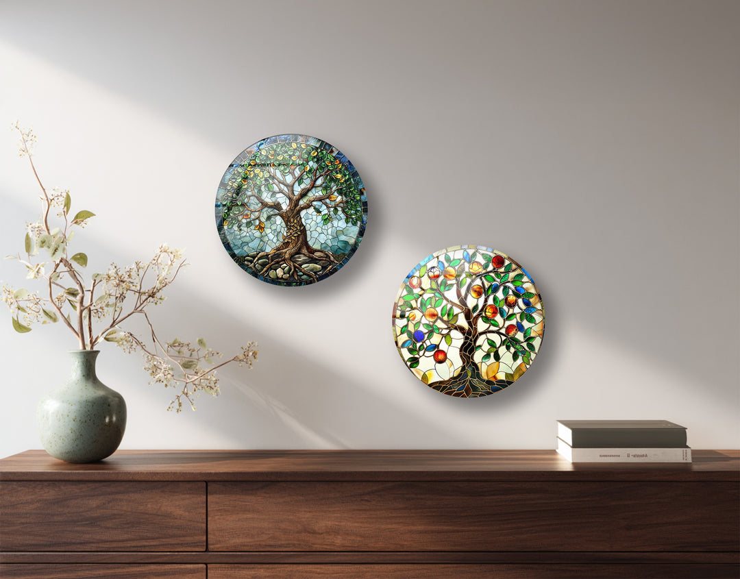 Colorful Mosaic Tree of Life Round Glass Wall Art Set – Boho Nature-Inspired Decor