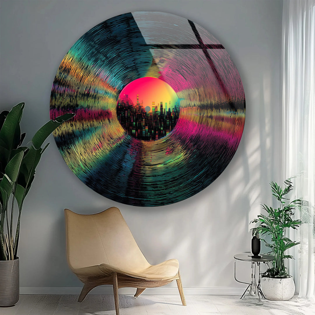 Neon Vinyl Cityscape – Round Glass Wall Art - MyPhotoStation