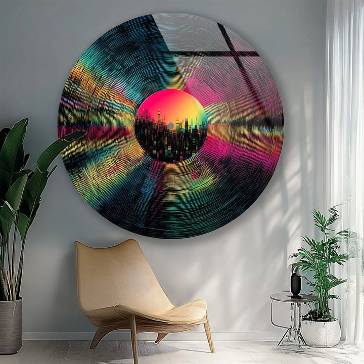 Neon Vinyl Cityscape – Round Glass Wall Art - MyPhotoStation