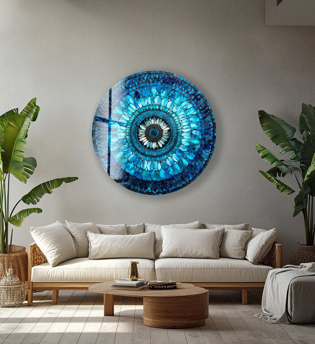 Radiant Mosaic Petal Bloom – Round Glass Wall Art