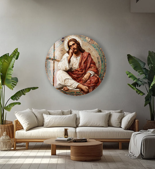 Round glass wall art of contemplative Christ in mosaic style and sacred artwork for religious interiors plus spiritual decor