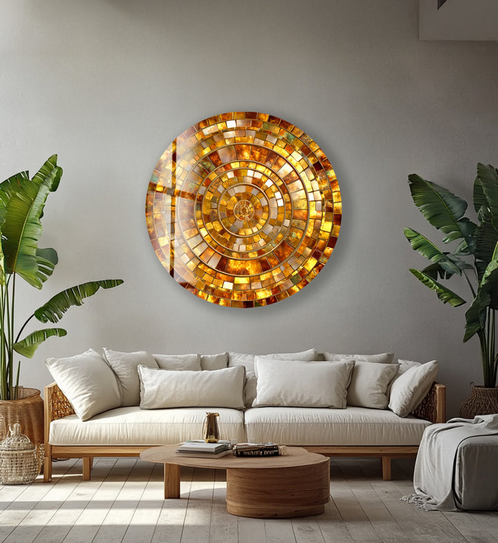 Golden Spiral Radiance – Gold Round Glass Wall Art