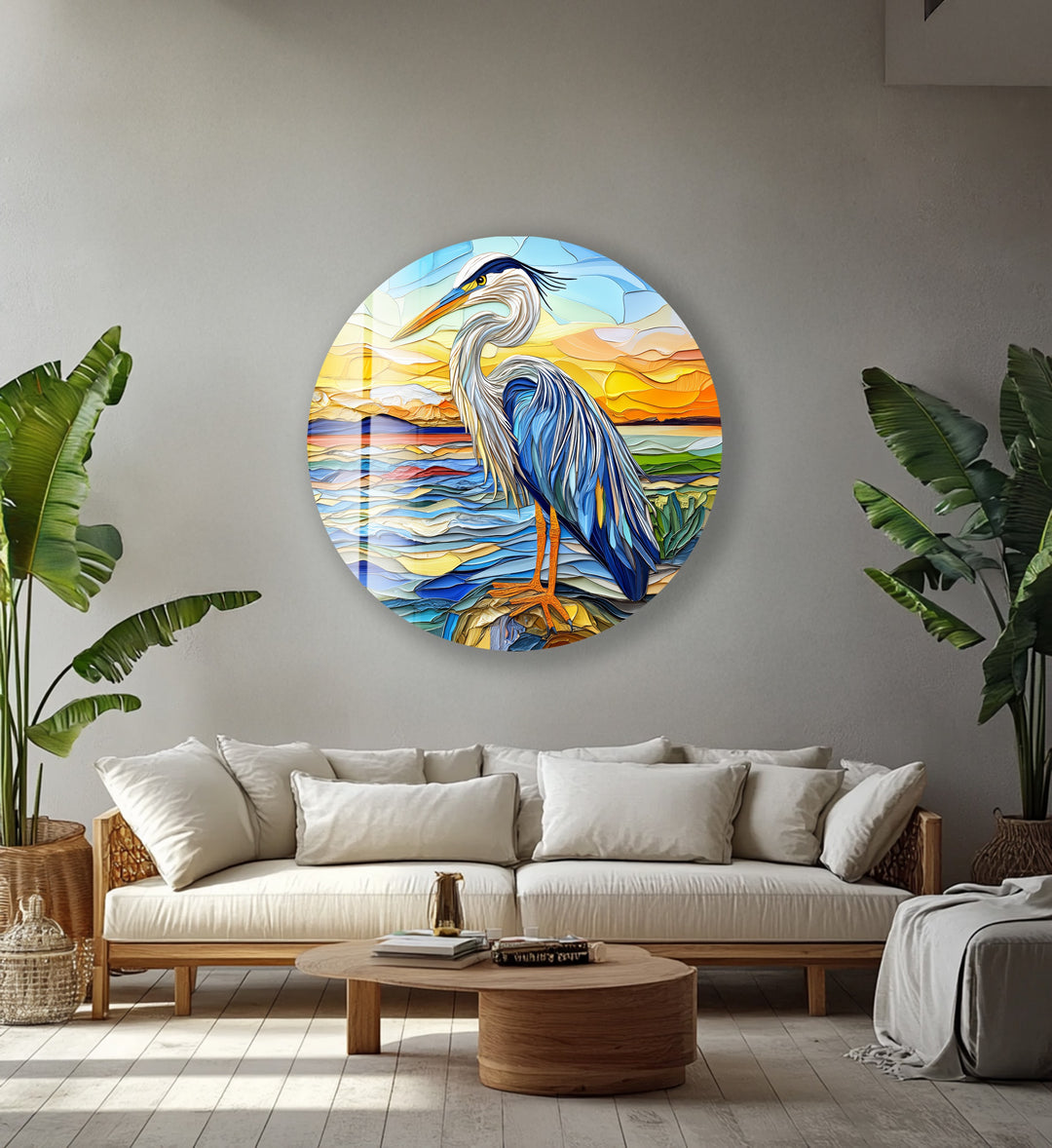 Blue Heron at Dusk – Round Glass Wall Art
