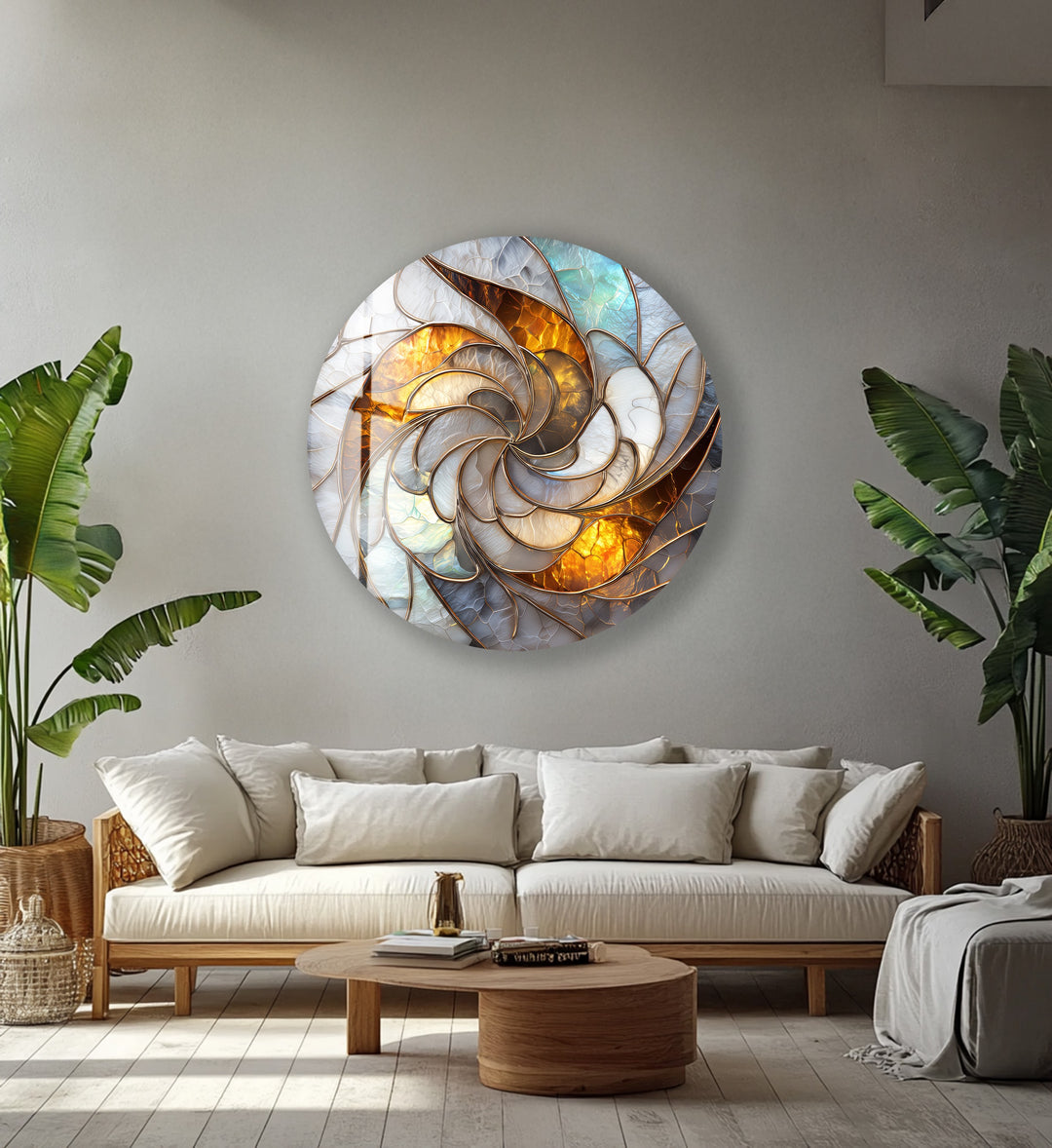 Golden Spiral Radiance – Round Glass Wall Art