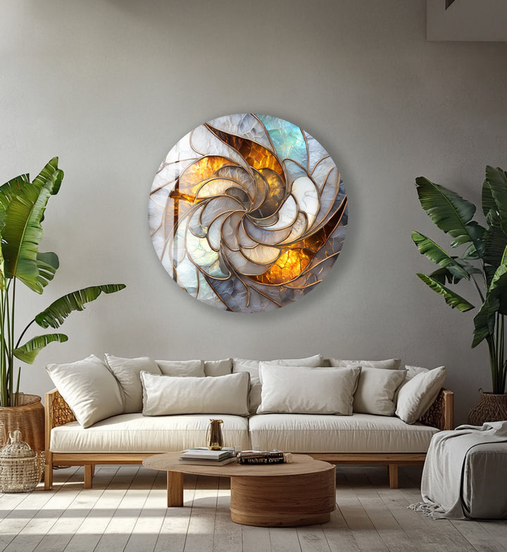 Golden Spiral Radiance – Round Glass Wall Art