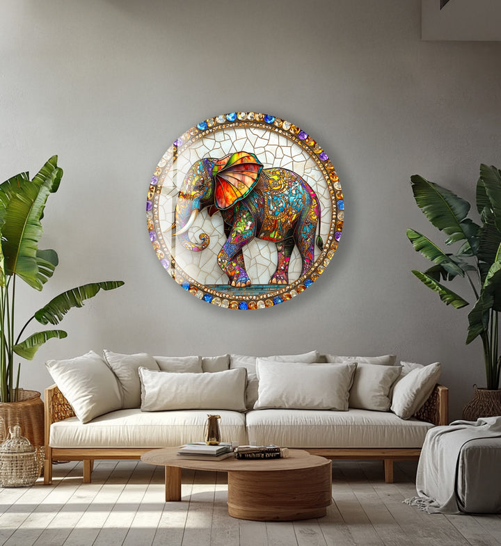 Regal Mosaic Elephant – Round Glass Wall Art