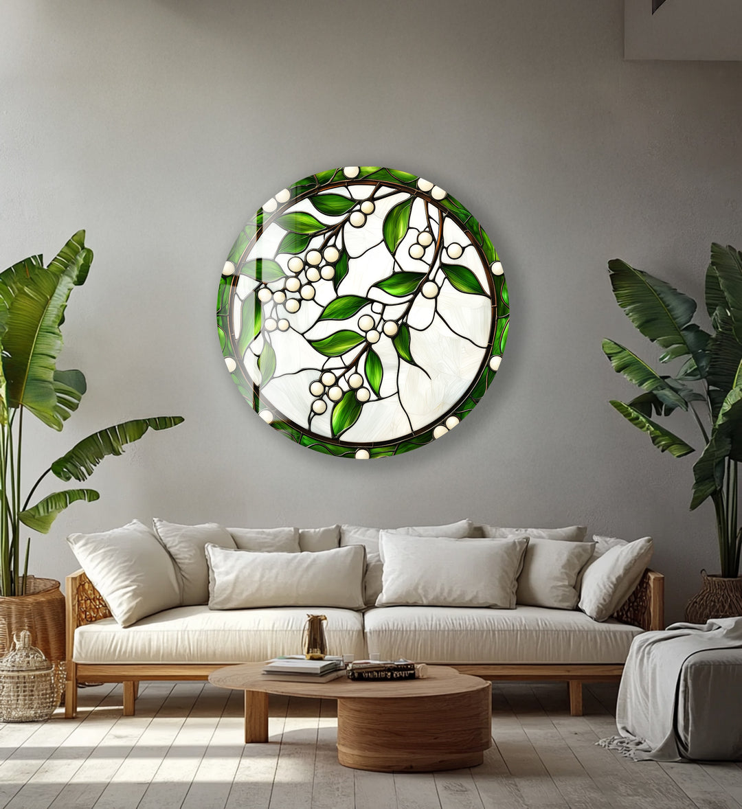 Emerald Berry Vines – Round Glass Wall Art
