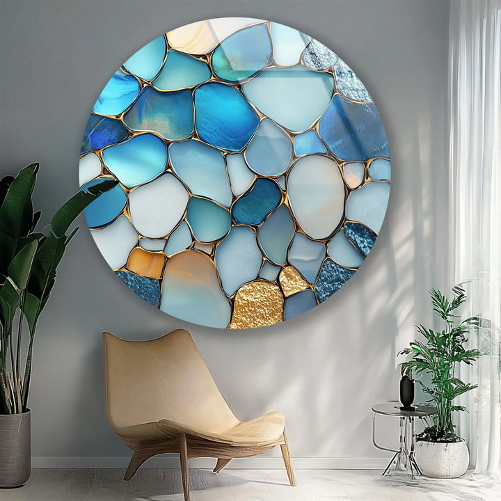 Ocean Blue Stone Mosaic Round Glass Wall Art - MyPhotoStation