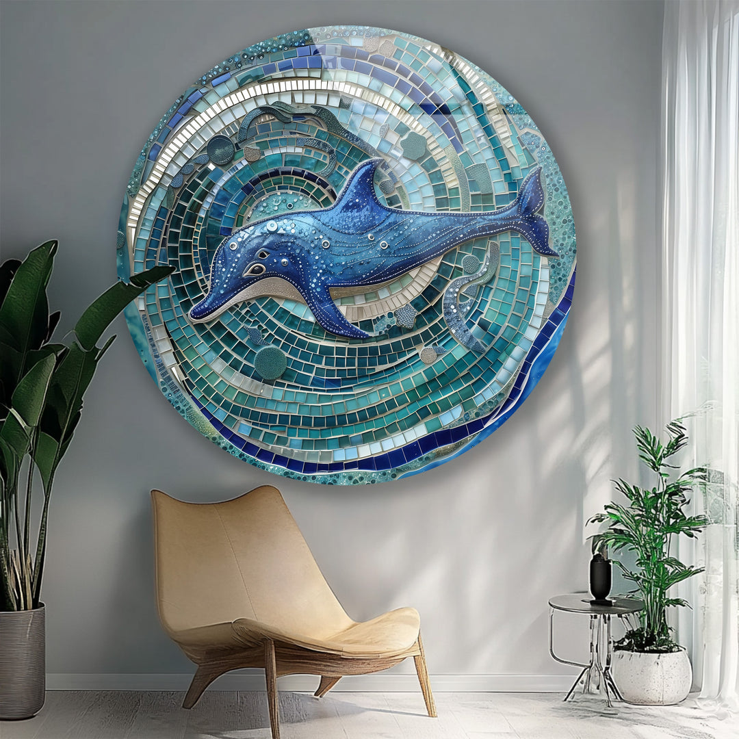 Ocean Spirit – Blue Dolphin Mosaic Round Glass Wall Art