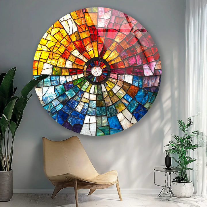 Radiant Sunburst Mosaic Round Glass Wall Art - MyPhotoStation