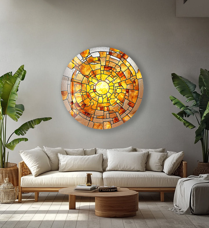 Amber Solar Burst – Round Glass Wall Art