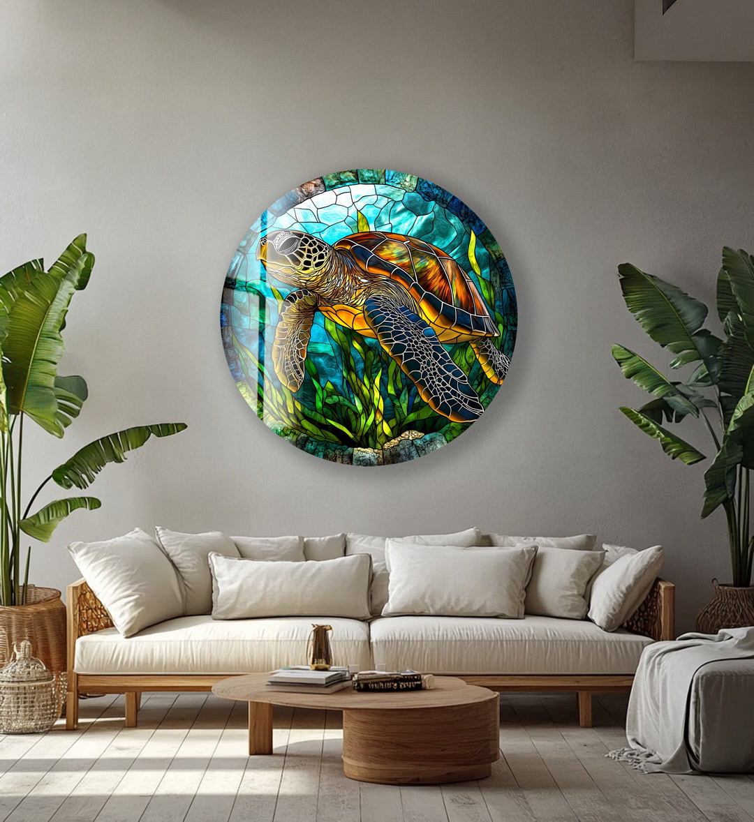 Sea Turtle Stained – Round Glass Wall Art