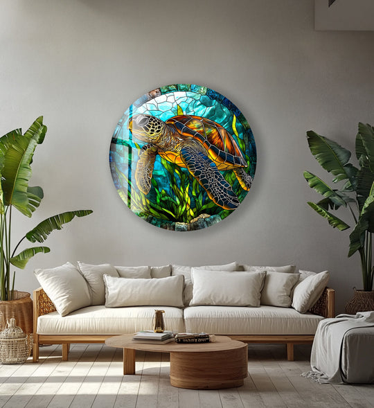 Layered depth creates a mesmerizing effect in this round glass art painting of a sea turtle, with the stained-glass style adding visual texture and dimension.