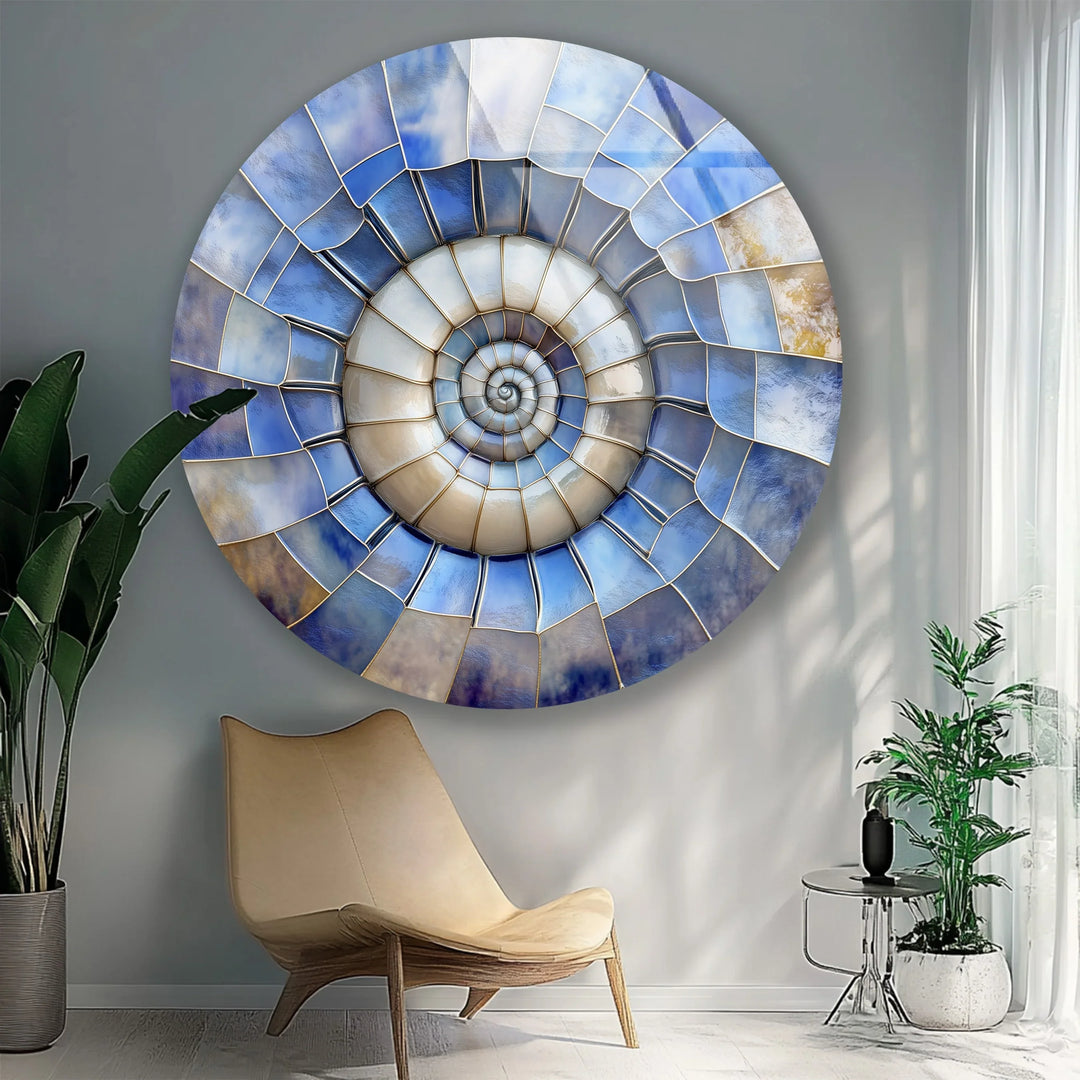 Ocean Spiral Shell – Blue & Sand Round Glass Wall Art - MyPhotoStation