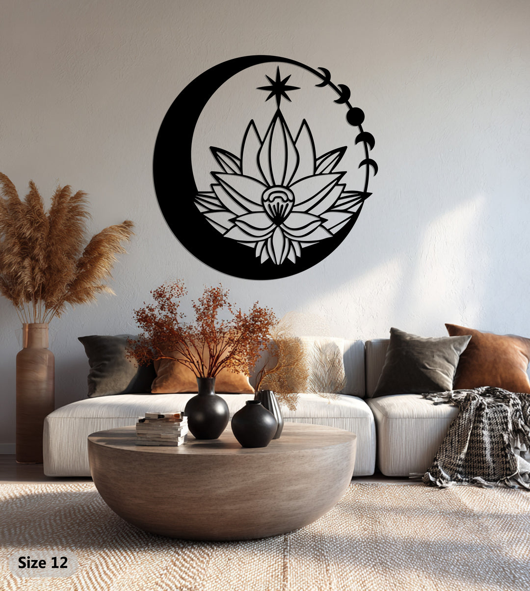 Lunar Blossom – Moon and Lotus Flower Metal Wall Art