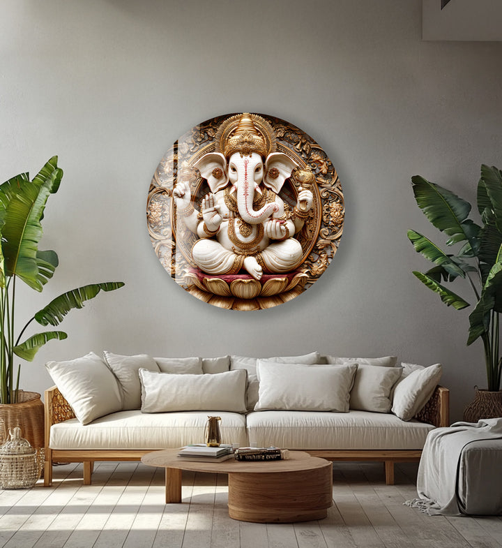Golden Ganesha Serenity – Round Glass Wall Art