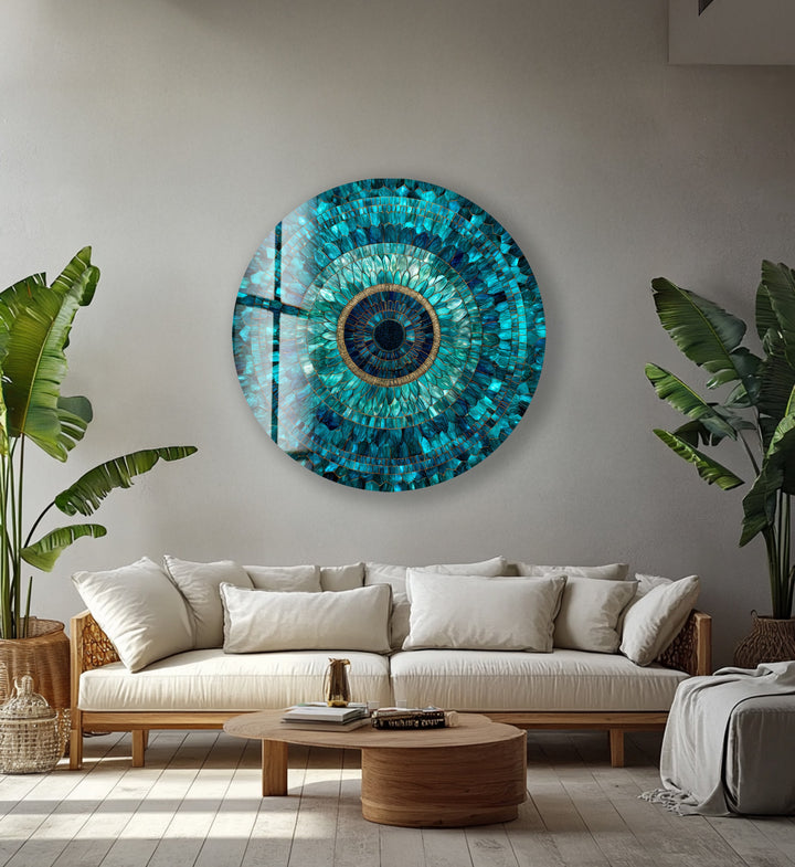 Emerald Mandala Radiance – Round Glass Wall Art