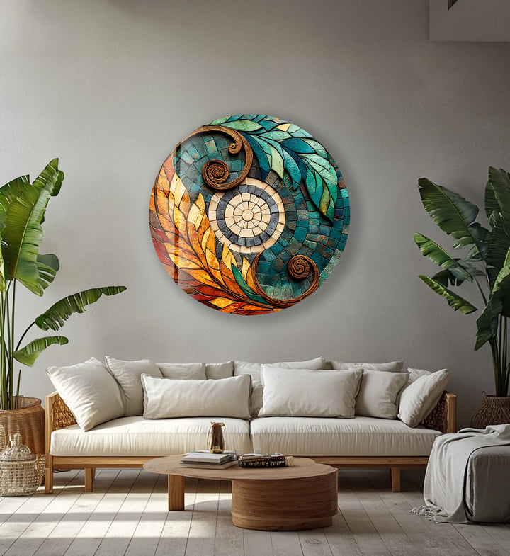 Solar Leaf Harmony – Round Glass Wall Art