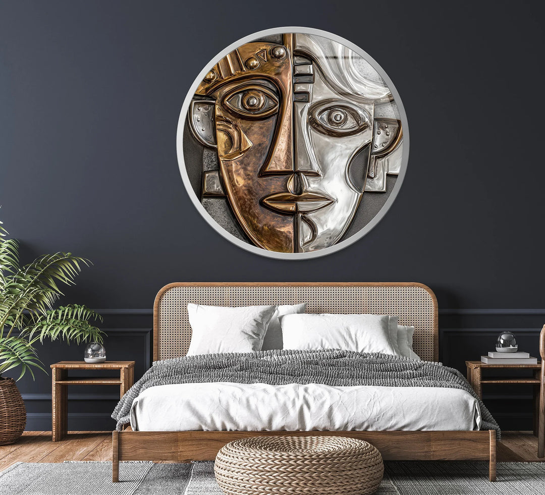 Dual Tone Abstract Face – Metallic Cubist Round Glass Wall Art - MyPhotoStation