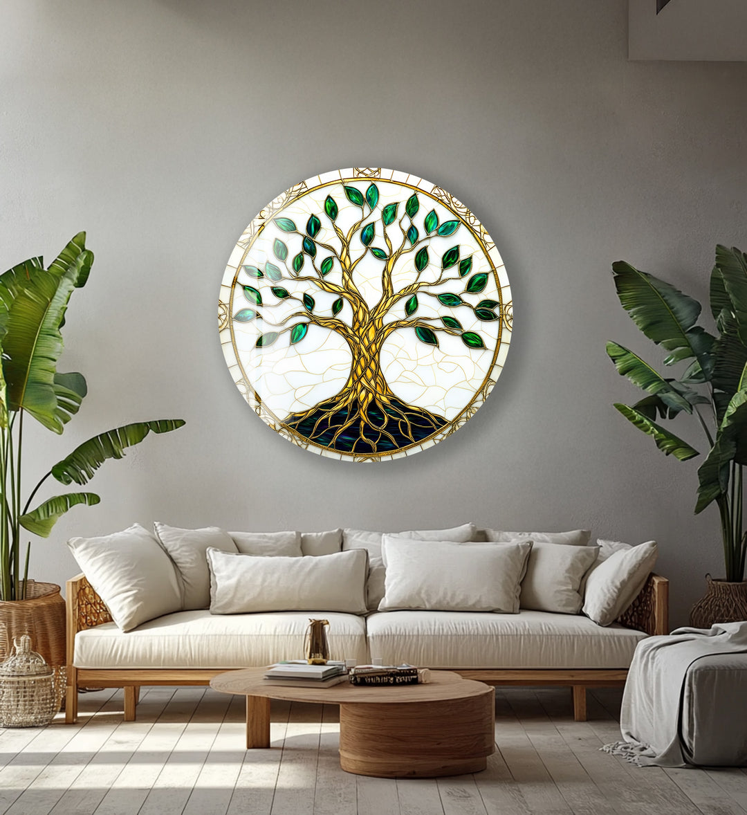 Golden Roots of Harmony – Round Glass Wall Art
