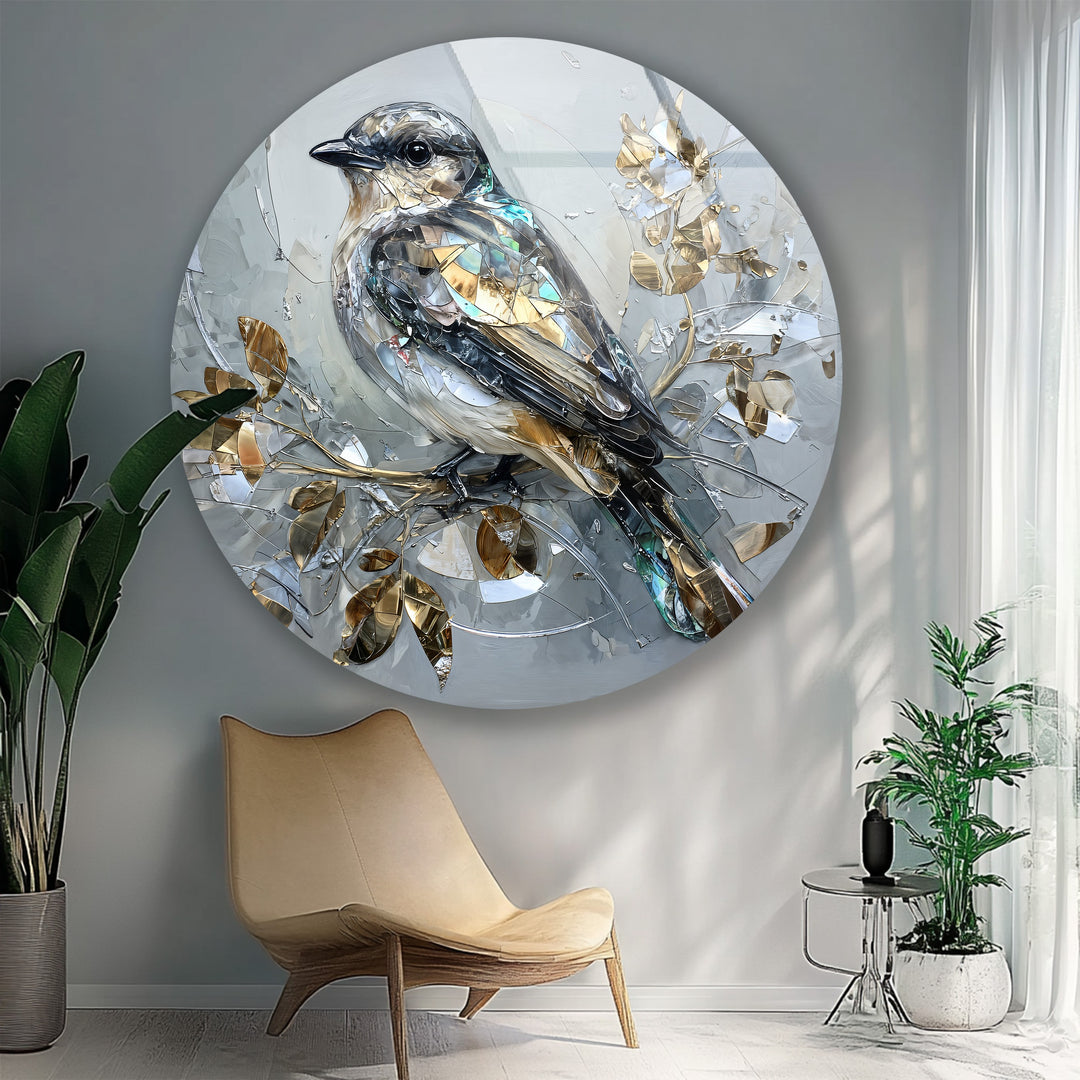 Golden Serenity – Crystal Bird Round Glass Wall Art