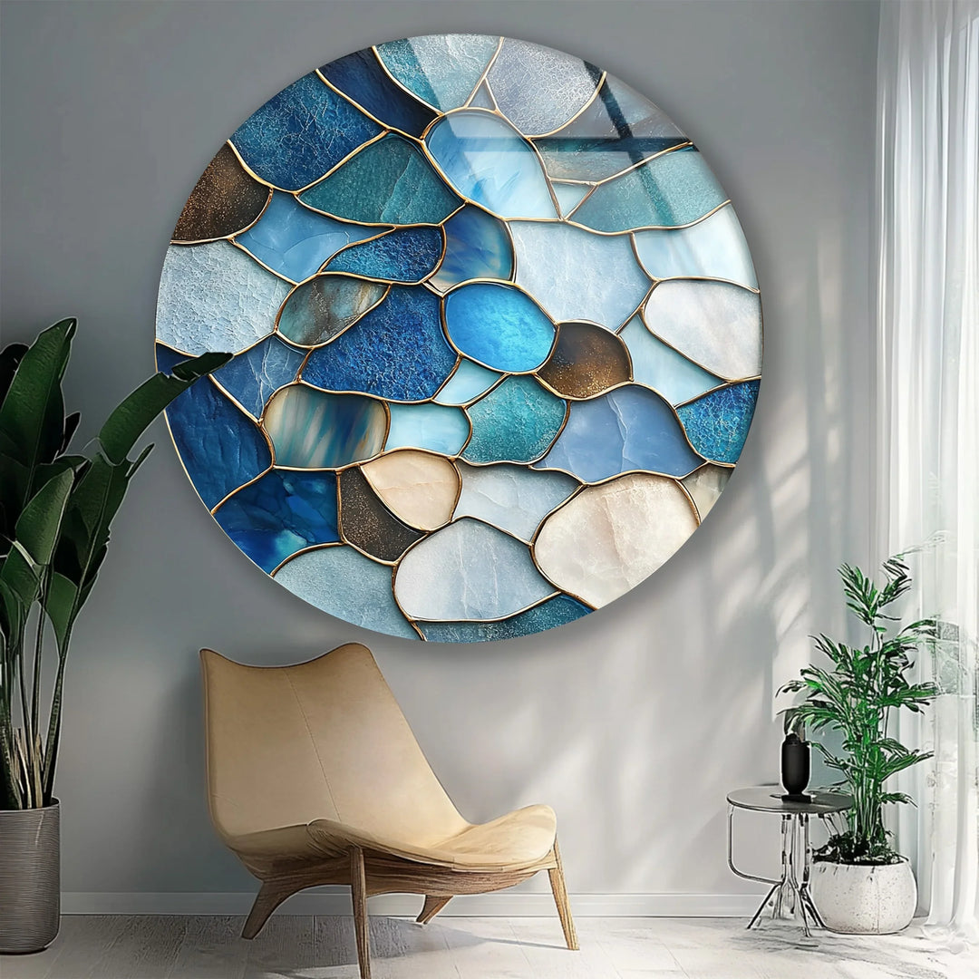 Coastal Blue Stone Mosaic Round Glass Wall Art - MyPhotoStation
